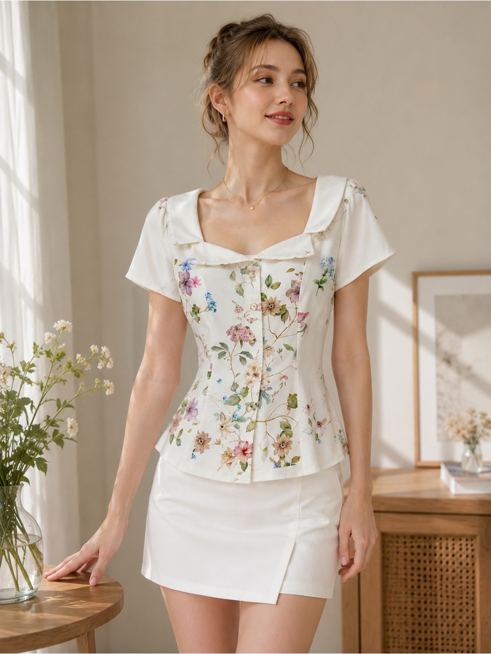 White Floral Short-Sleeve Blouse
